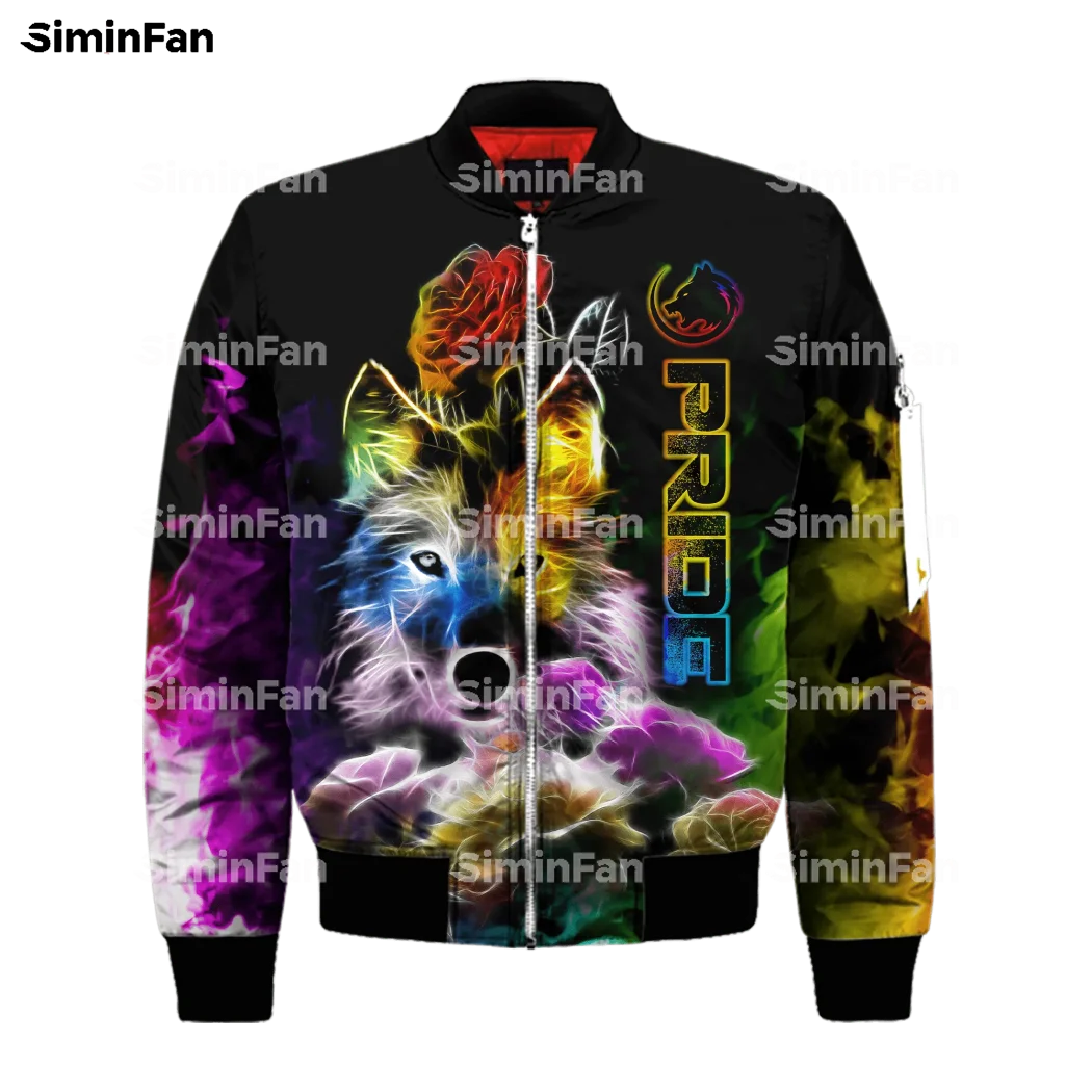 LGBT PRIDE Wolf Rose Smoke Printed Bomber Jacket Men Winter Coat Quilted Cotton Warm Outwear Windproof Female Unisex Streetwear