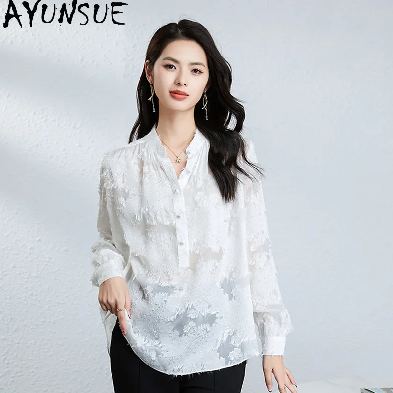 

AYUNSUE 100% Real Mulberry Silk White Shirts Women Clothes 2026 Summer Blouse Long Sleeve Womens Shirts Loose Fit Блузка Женская