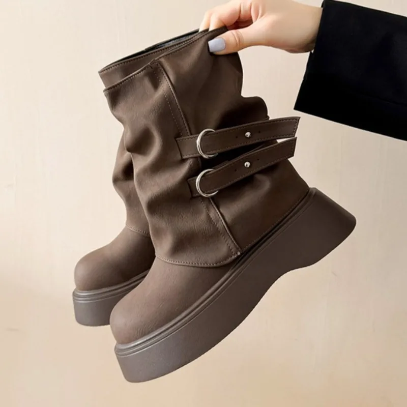 

Platform Flats Ankle Boots for Women 2025 Fashion Buckle Shoes Designer Winter Woman Chelsea Short Boots Dress Zapatillas Mujer