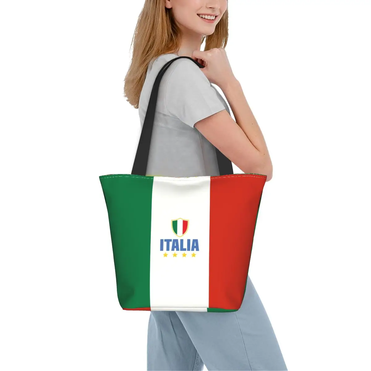 Custom Flag Of Italy Shopping Bag Women Canvas Shoulder Reusable Tote Bag Portable Grocery Shopper Bags