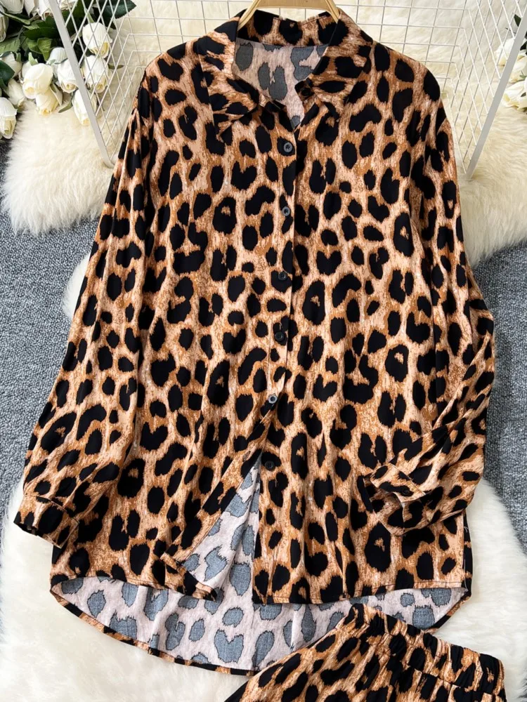 Vintage elegante Mujer estampado de leopardo falda trajes otoño camisa Casual suelta Tops Faldas de cintura alta Conjuntos Para Mujeres 2 Piezas