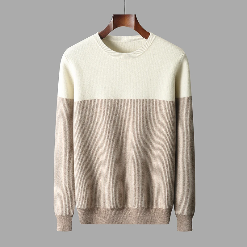 100% Sweater Men's Round Neck Fashion Color Matching Thick Sweater Sweater Business Casual Loose Contrast Bottoming Shirt Top.