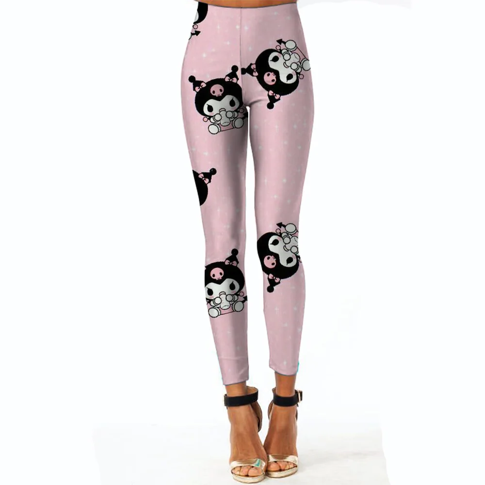 Legging Yoga Solid Elastis Pinggang Cetak Kuromi Hello Kitty Olahraga Wanita Fitness Celana Ramping Push Up Cepat Kering Jogging Gym Wanita