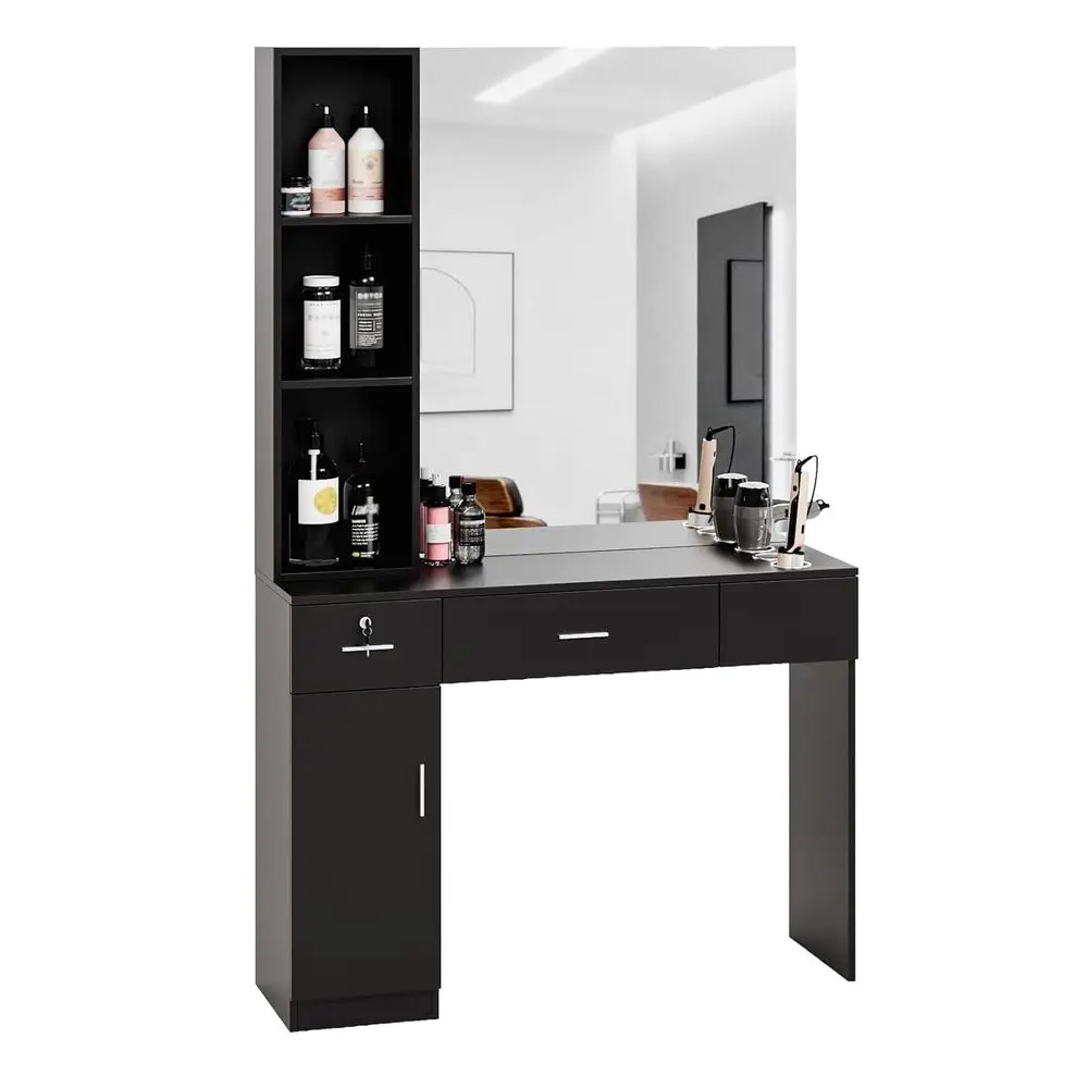 meeir Wall Mount Hair Styling Barber Station with Support Leg & Mirror,Hair Sn Equipment, Spa urniture Set (Black)