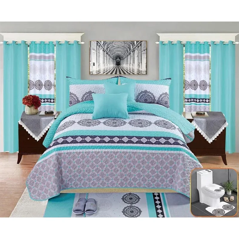 

# Customized King Size 26 Pieces Quilted Sheet Sets With Matching Curtains 100% Cotton Bedspread Set With Bathroom Sets