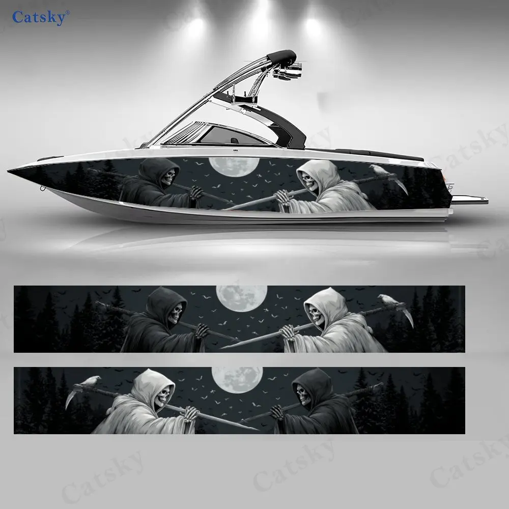 

2Pcs Black & White Nether Deity Boat Stickers, PVC Waterproof Vinyl Wrap Decals for Fishing Boats, Durable and Stylish Design