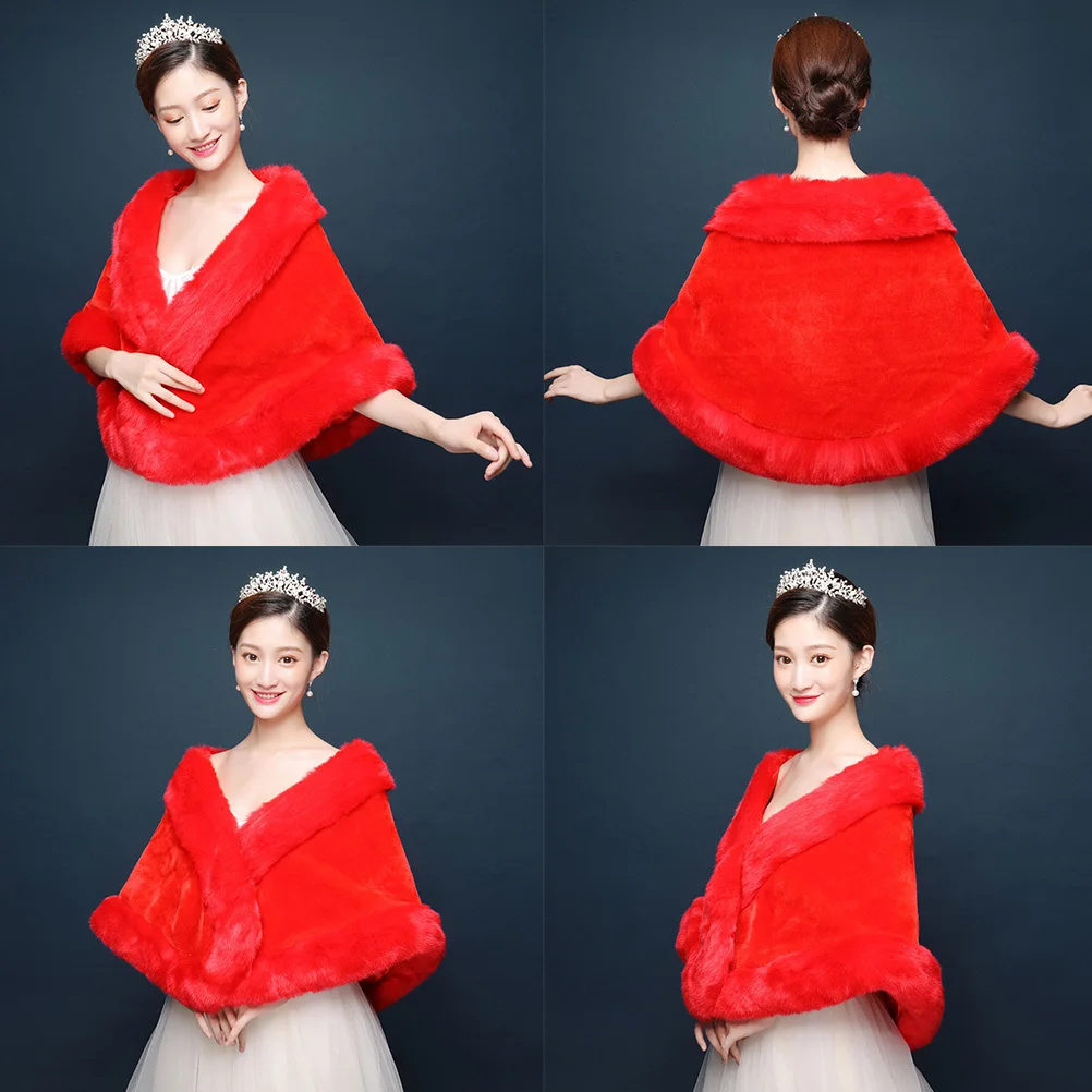 شال زفاف كابا شتوي دافئ للنساء لحفلات الزفاف فستان أنيق إكسسوار كتف عصري باللون الأحمر