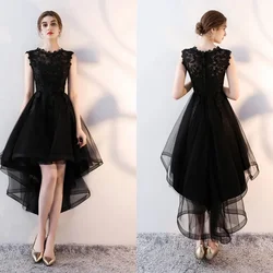 Prom Gowns Black Embroidery Tulle O-neck Sleeveless Zipper Back High-low Tea Length Plus size Women Party Formal Dresses LX094