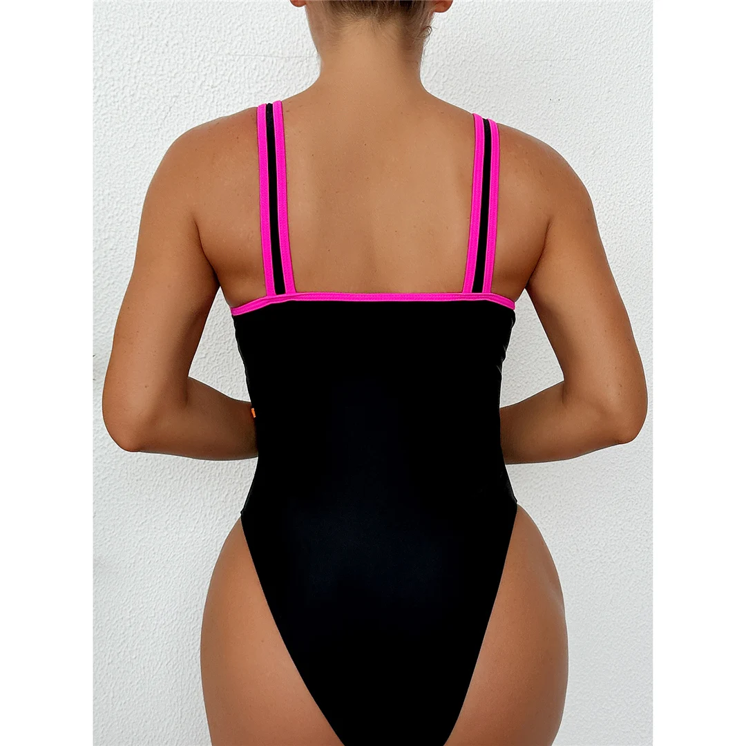 Neuer, tief ausgeschnittener Damen-Badeanzug mit V-Ausschnitt, einteilig, mit hohem Beinausschnitt, gepolstert, Monokini, Badebekleidung, Badeanzug, Modell V6027. – Detail 9