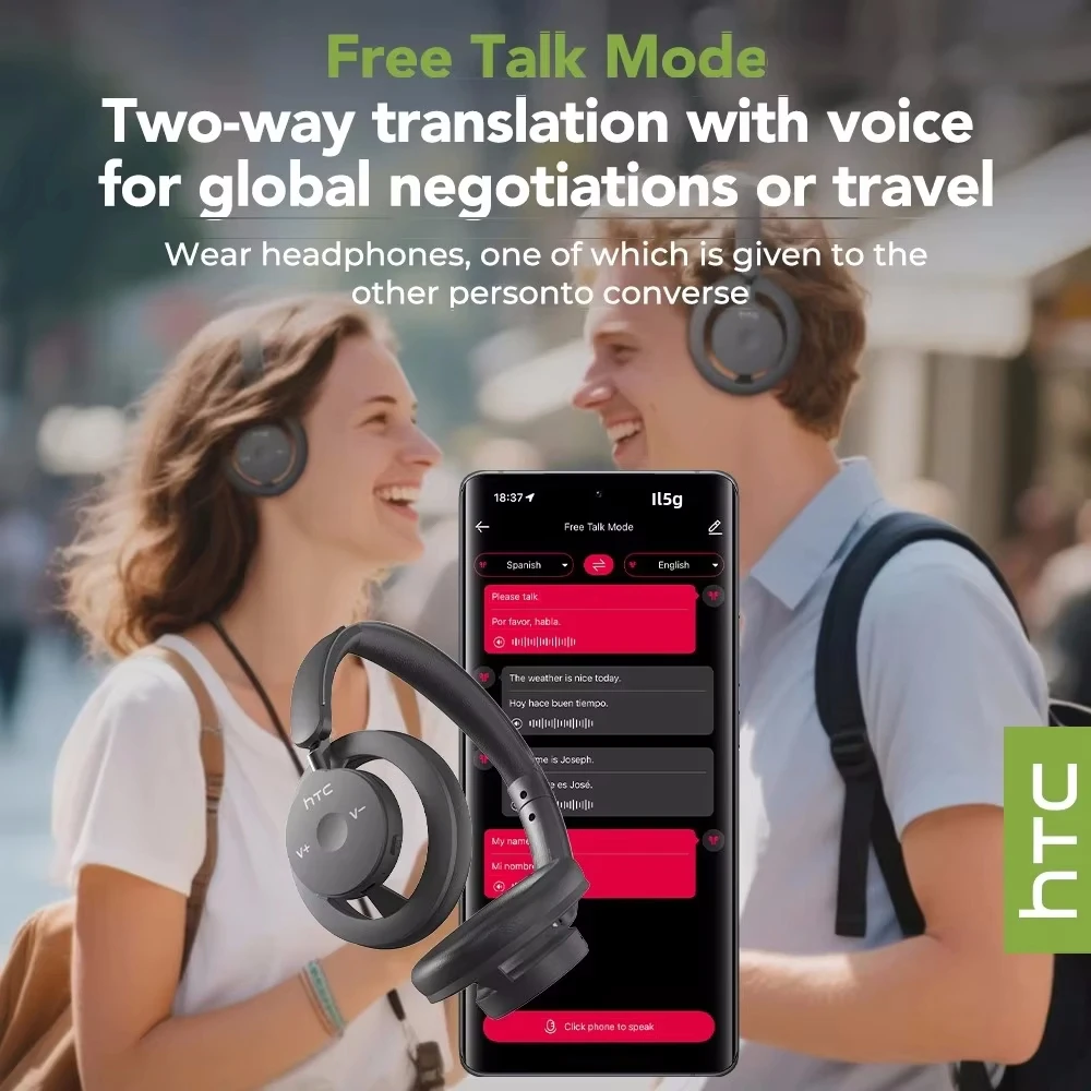 HTC HP06 سماعات رأس لاسلكية مفتوحة الأذن بلوتوث V6.0 Airy قابلة للطي AI ترجمة سماعة للكمبيوتر المحمول والهاتف والتلفزيون خفيفة مجوفة