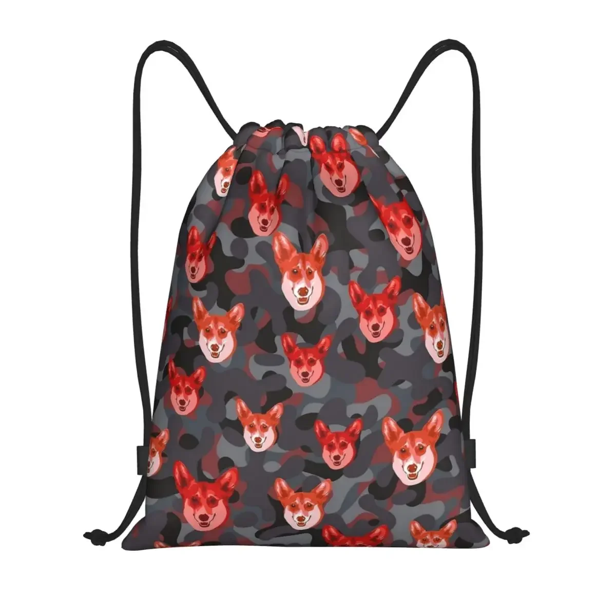 Smiling Corgi Face And Camo Pattern Red And Grey Drawstring Backpack Sports Gym Sackpack String Bag for Exercise