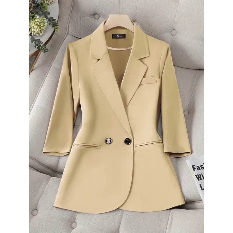 Spring Summer Women Ladies Blazer White Green Yellow Black Coffee Female Half Sleeve Solid Formal Jacket Coat