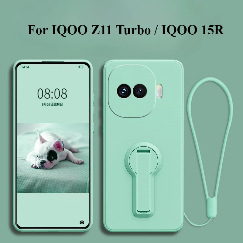 Hüllen für VIVO IQOO Z11 Turbo, flüssiges Silikon, Lanyard, stoßfeste Ständerhalter-Abdeckung für IQOO 15R, Linsenschutz, weiche TPU-Hülle