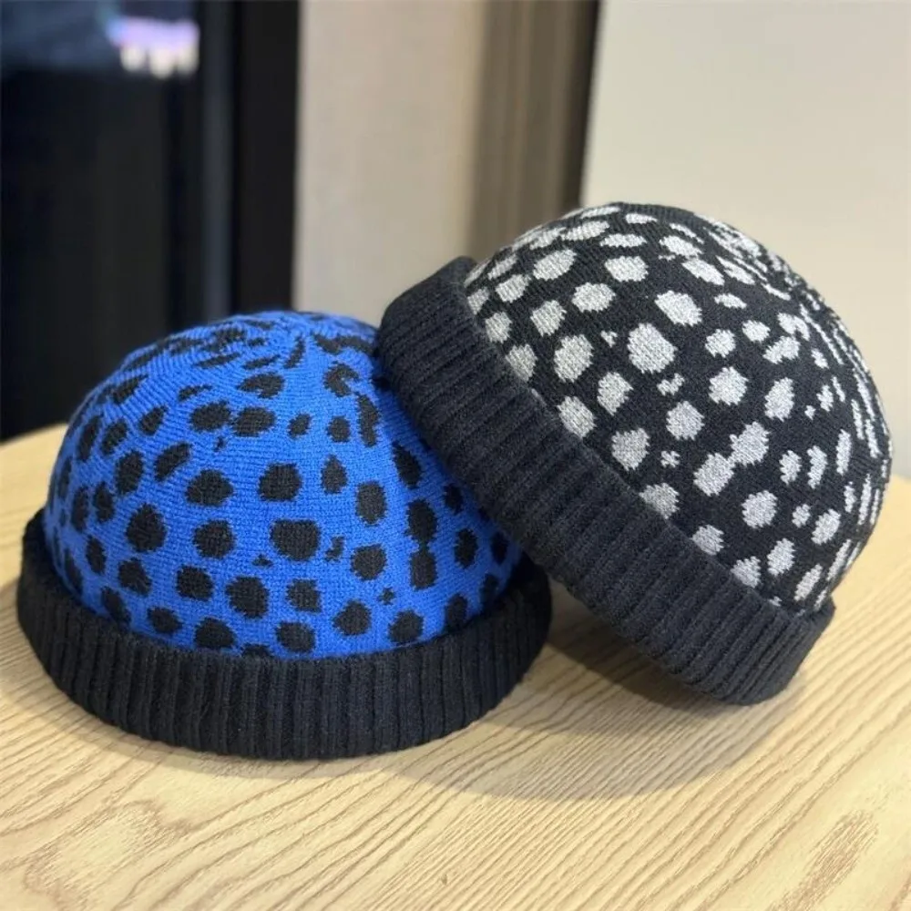 Leopard Pattern Knitted Beanie Hat Japanese Style Warm Streetwear Docker Hat Rolled Edge Design Adjustable Fit Landlord Hat