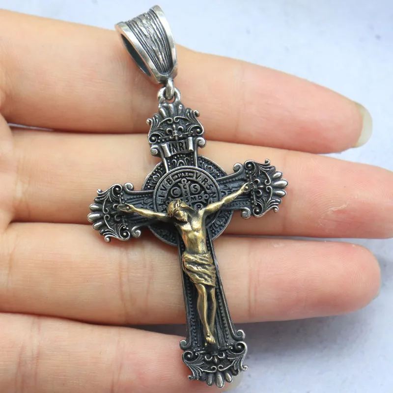 

18g Long Crucifix Jesus Cross Catholic Medal Saint Benedict Pendant 925 Solid Sterling Silver Pendant