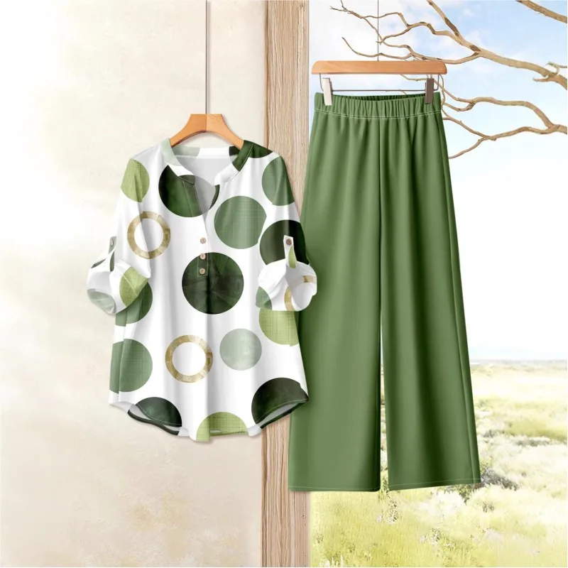 

Женский модный комплект из двух предметов с принтом: топ с V-образным вырезом + брюки с широкими штанинами. Элегантный свободный костюм для офиса и вечеринок.