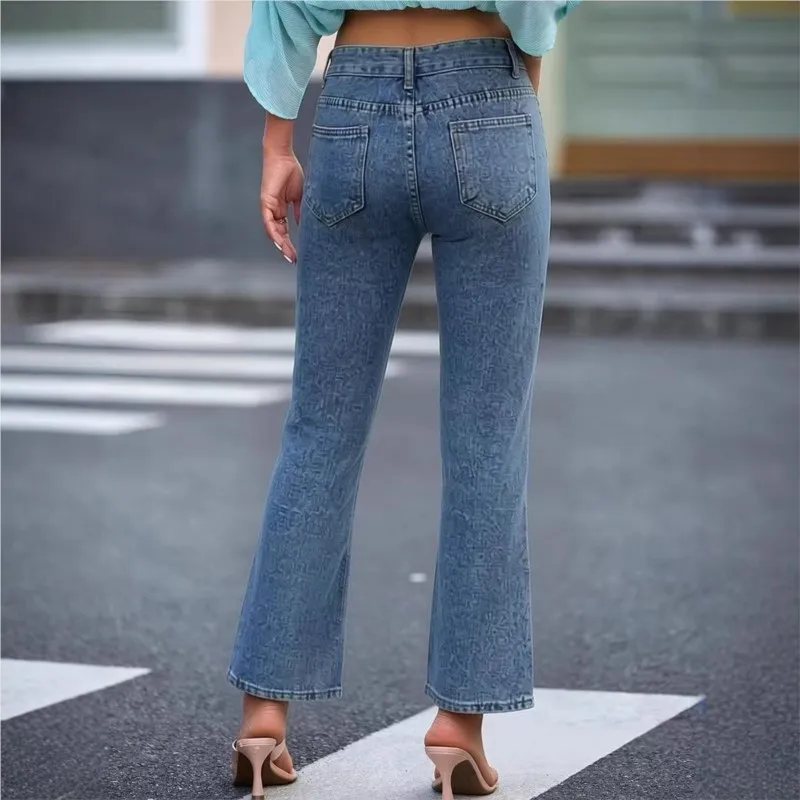 Women's Zipper Split Jeans Straight Leg mid Waist Long Pants Spring 2k Loose Wide Leg Blue Long Jeans Pants