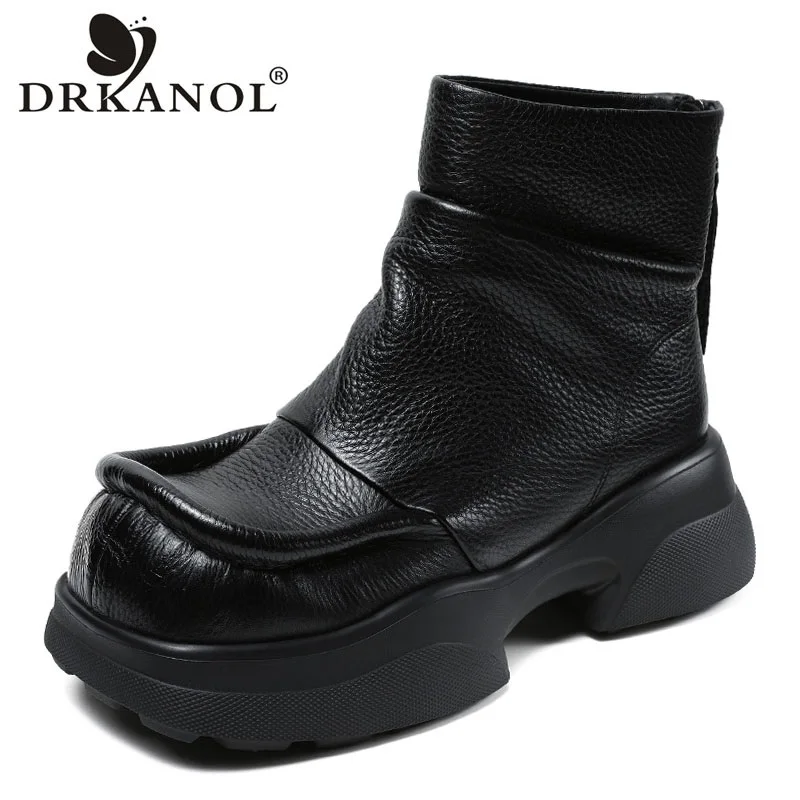 DRKANOL 2024 Handmade Retro Style Real Cow Leather Boots Women Thick Heel Chunky Platform Square Toe Pleated Casual Ankle Boots