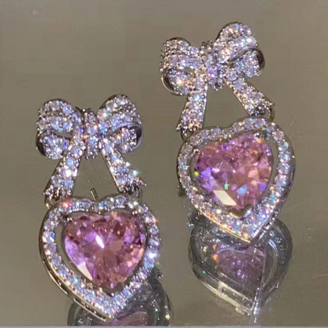 

DUTRIEUX Light luxury Bowknot Heart Zircon Earrings Princess Style Exquisite Elegant Y2K Ear Stud Ear Decor Jewelry Accessories