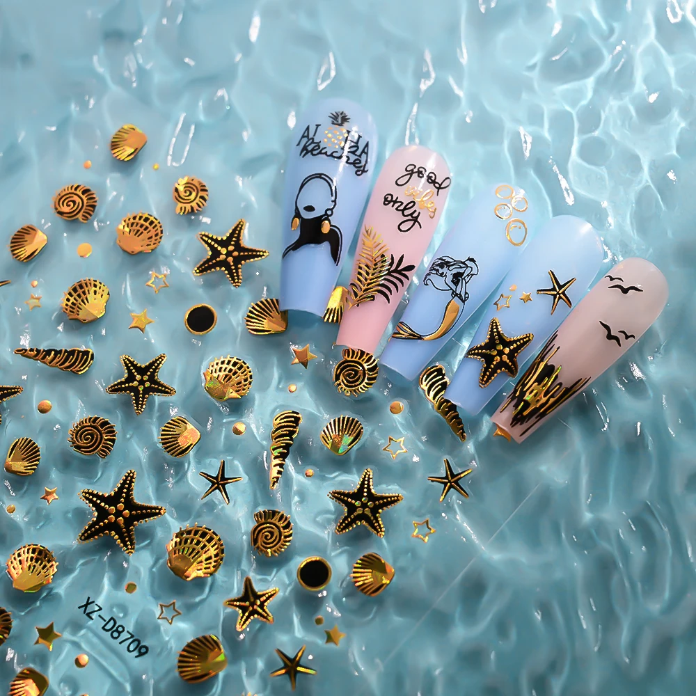 12 шт., лазерные золотые/серебряные наклейки для ногтей в виде ракушки русалки, блестящие наклейки для ногтей с рисунком рыбьей чешуи, летние пляжные аксессуары для маникюра