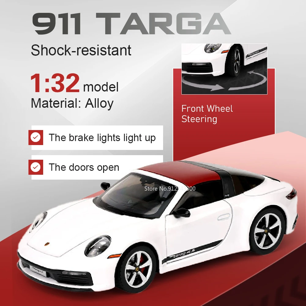 

1:32 Scale 911 TARGA GT3RS Model Car Toy Music Light Alloy Body Sports Cars Doors Opened Models Toys for Kids' Edutainment