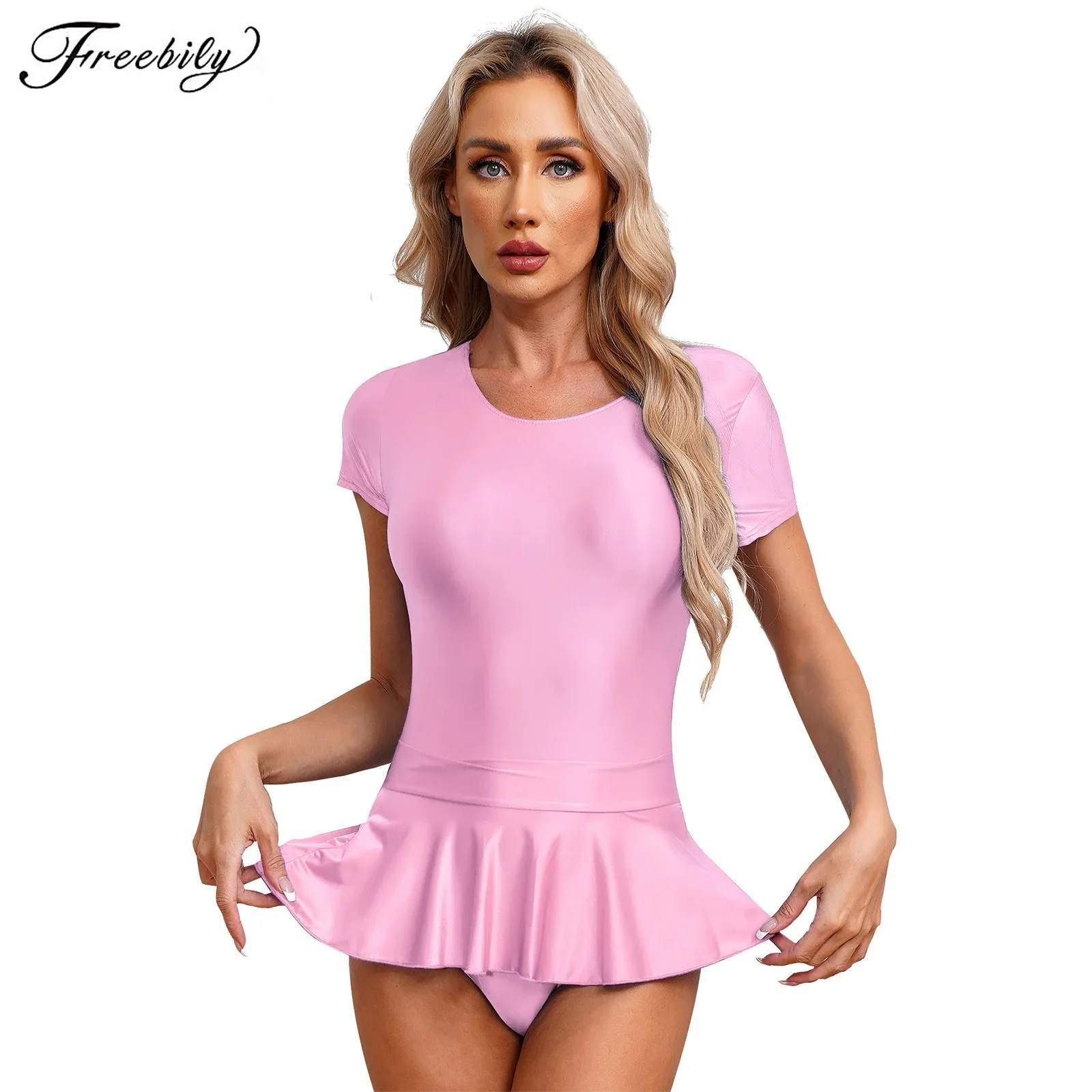 

Womens Glossy Party Set Short Sleeve Round Neck High Cut Leotard with Low Rise Ruffled Miniskirt for Swim Beach Party