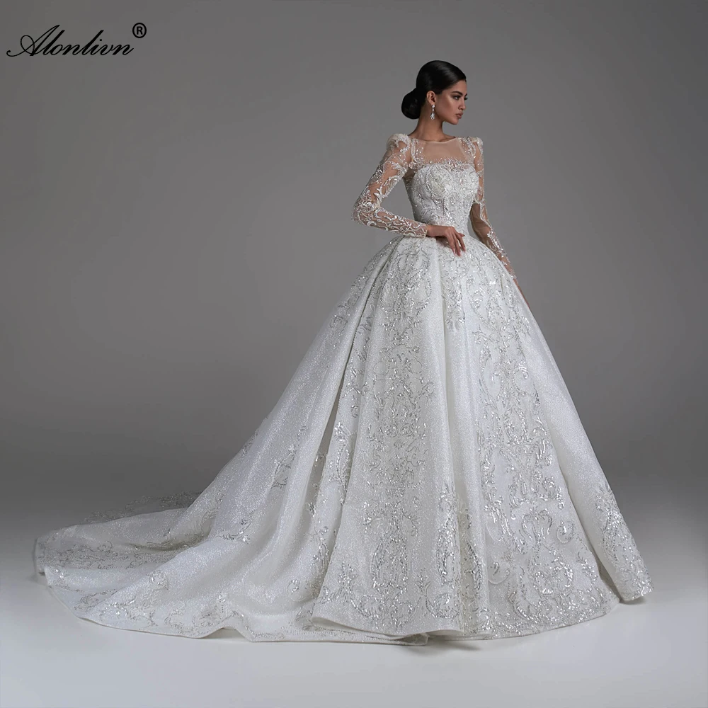 Alonlivn Luxury Ball Gown Wedding Dress Full Sleeves All Beading Pearls Appliques Lace Bridal Skirts With Button