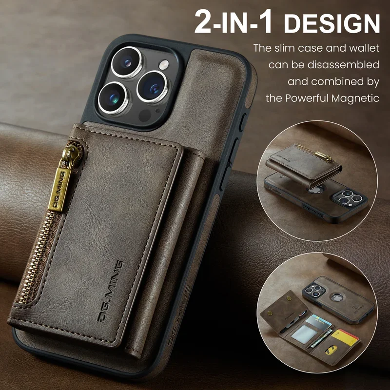 

2in1 removable leather card holder MagSafe phone case for iPhone 14 15 13 12 11 pro Max Plus magnetic wallet shockproof cover