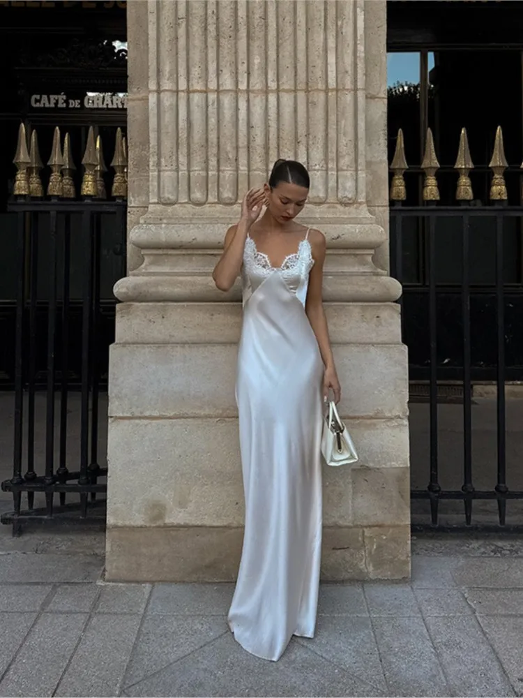 2026 Summer Maxi Dress Temperament Vestidos Elegant Dresses Woman French Lady Sling Lace Patchwork Simple Style Backless V-link