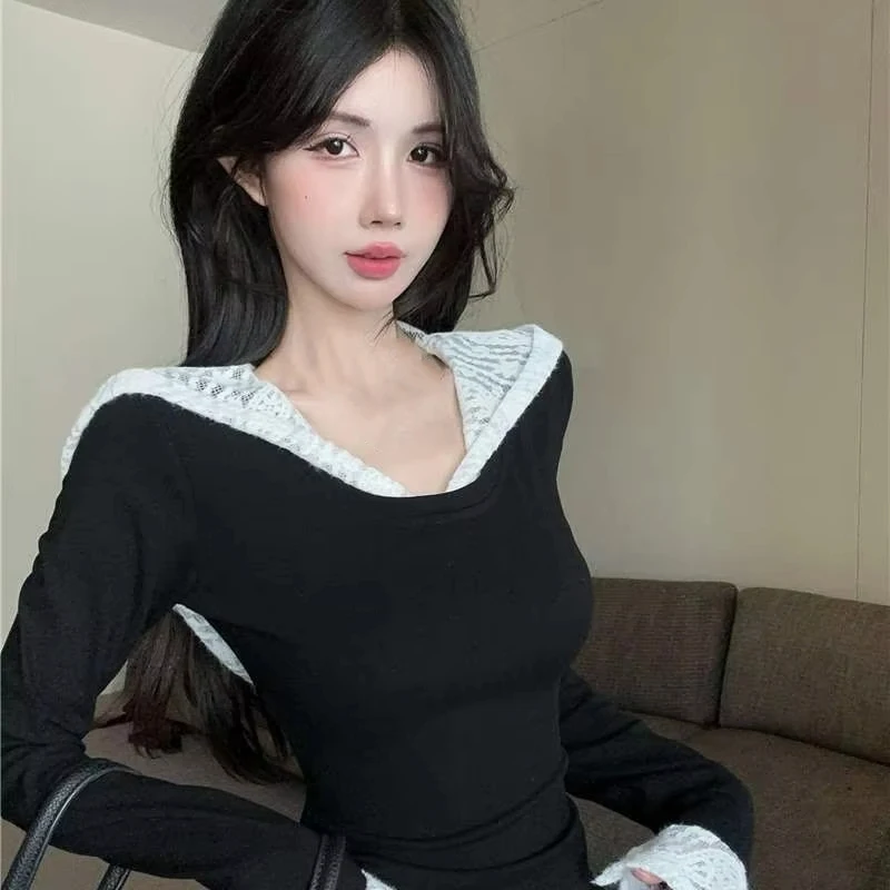 Y2k Spitze Patchwork Mit Kapuze Tops Mujer Lange Ärmeln Schwarz T-shirt Für Frauen 2025, Sommer Mode Neue Slim Fit T-shirt