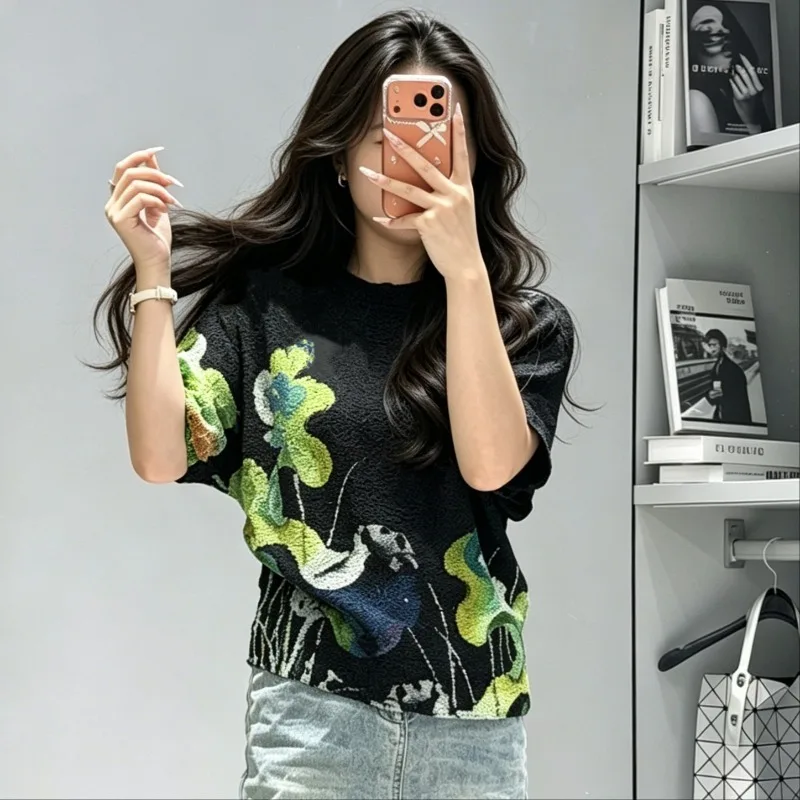 Summer New Printed T-Shirt Fashion Handmade Sponge Pleated Short Sleeve Loose Elastic Women's Lightweight Non-Iron Top