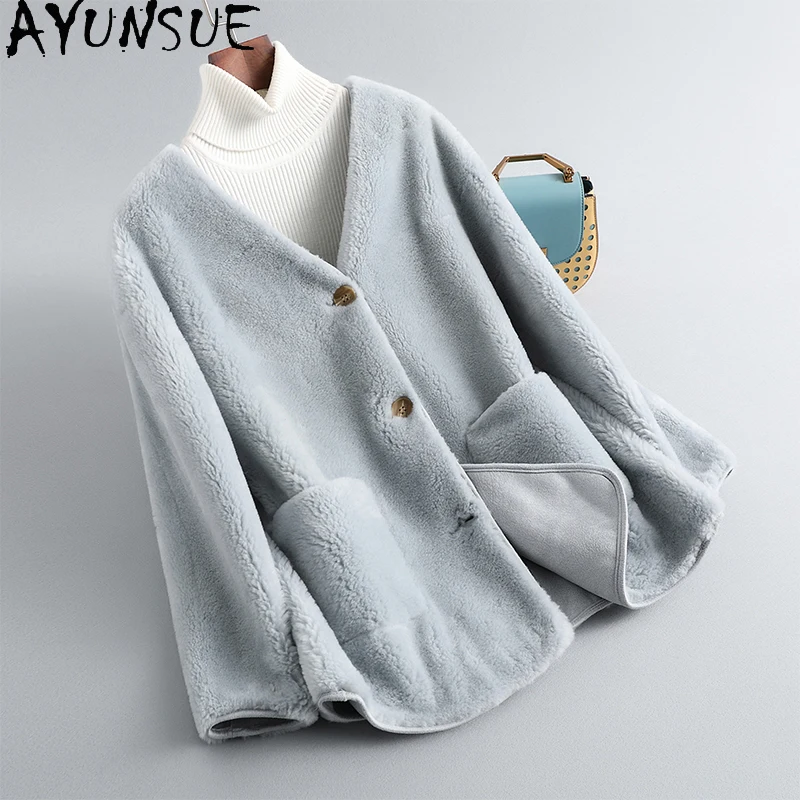 AYUNSUE Damenjacke aus natürlicher Wolle, Herbst, kurze, elegante Jacken für Damen, Kleidung, elegante Pelzjacke mit V-Ausschnitt, 2025, Abrigo Mujer