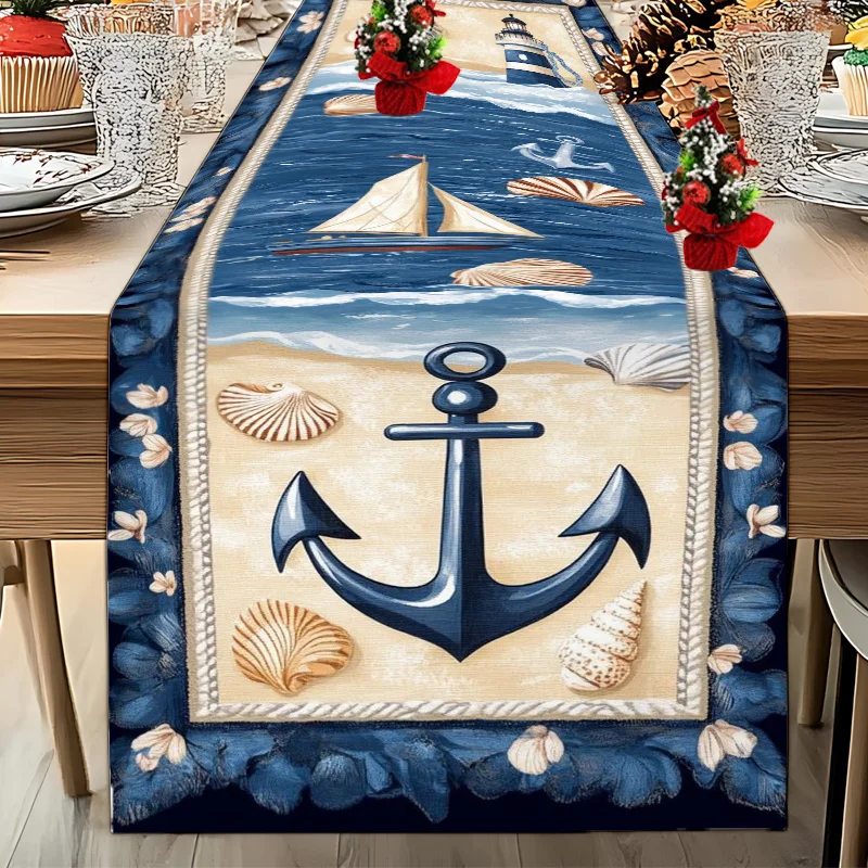 1 Piece Nautical-Themed Independence Day Sailboat Lighthouse Shell Anchor Table Runner, Suitable for Farmhouse, Indoor, Kitchen, Celebrations, Table Decoration, Restaurant, and Banquet Decoration Supplies