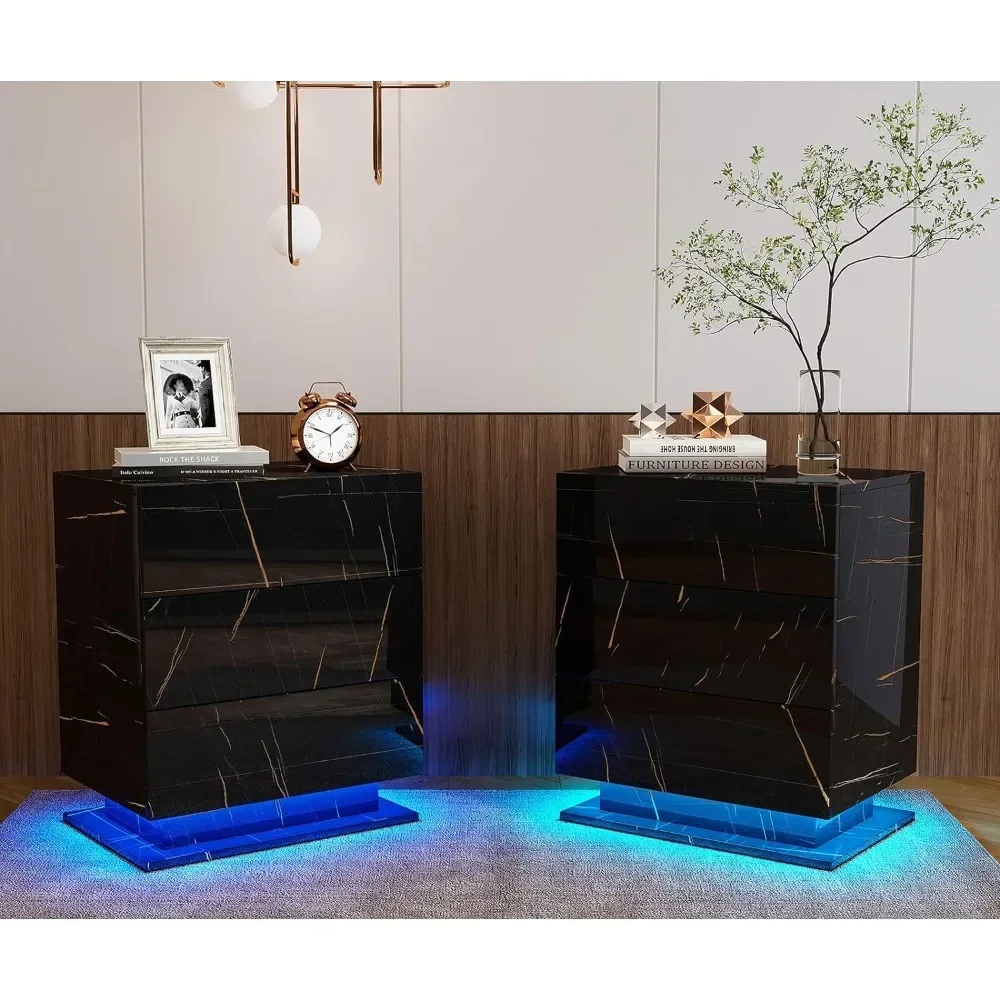 LED Nightstands with 3 Storage Drawers, Wooden Smart Side Table End Table for Bedroom, Living Room, Office, Nightstand