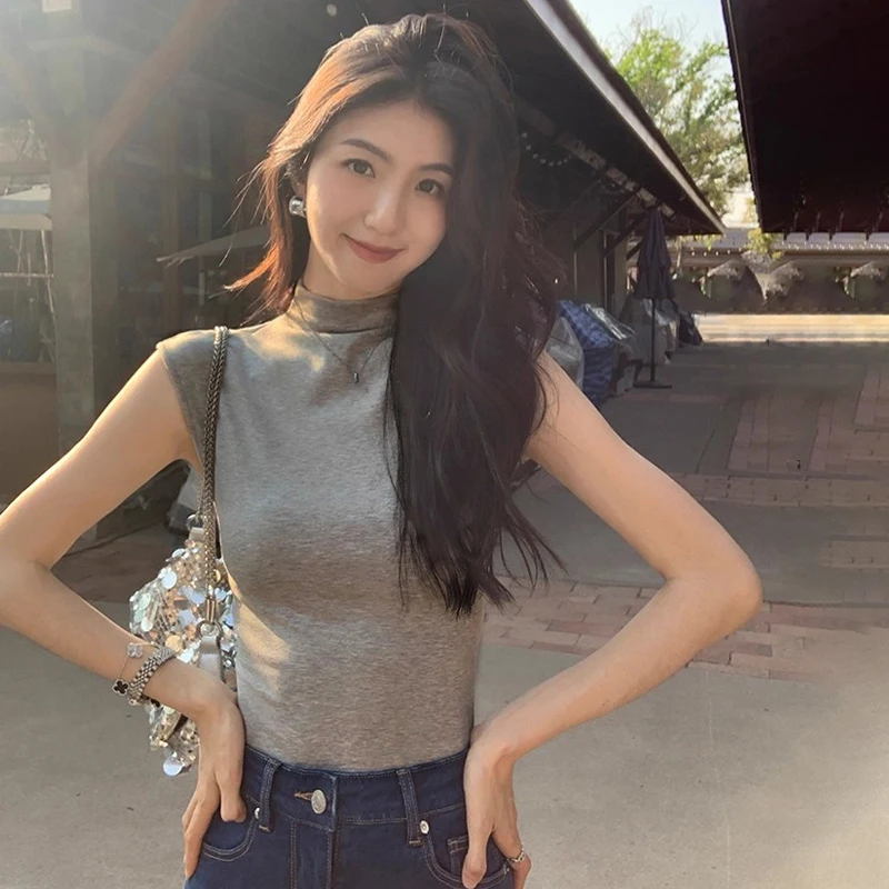 한국 스타일 단색 하프 터틀넥 민소매 슬림 베스트 가슴 패드 포함 여성 상의