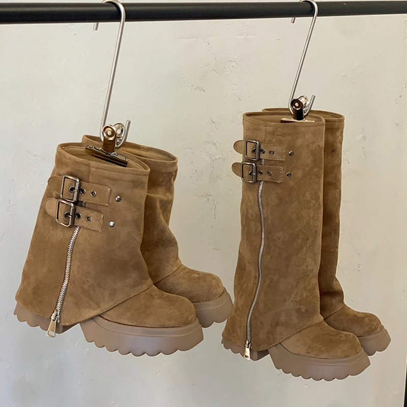 Women Knee High & Ankle Boots Round Toe Chunky Platform Sole Faux Suede Double Buckle Straps Wide Leg Autumn Winter Boots Shoes