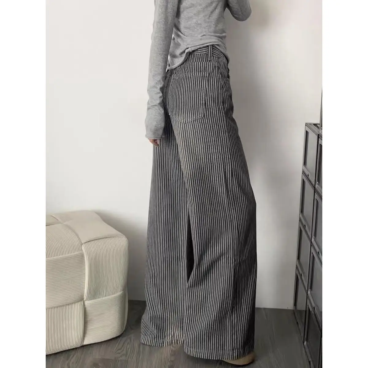 American Retro Striped Wide-leg Jeans Women's Autumn and Winter High Waist Loose Straight Mop Pants