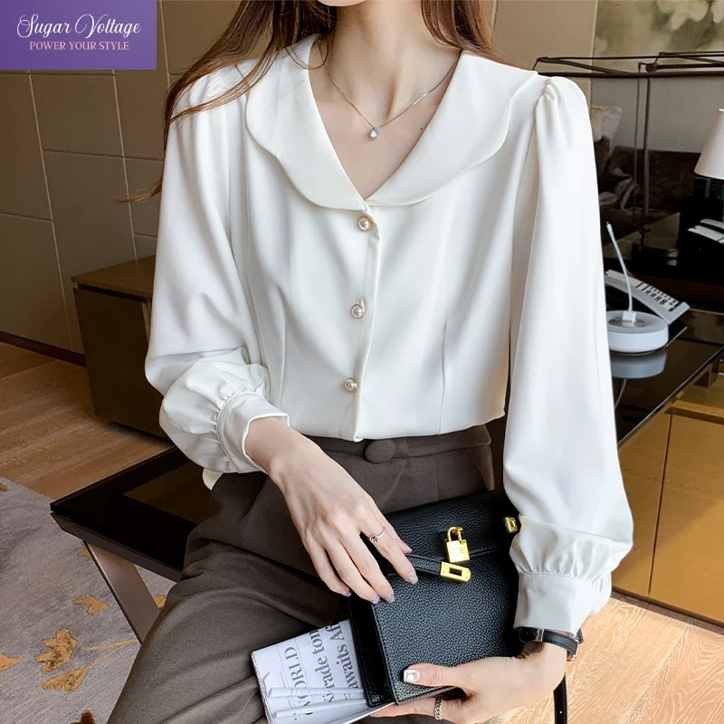 

French Vintage Doll Collar Long Sleeve Blouse Women Single Row Pearl Buckle Puff Sleeves Shirt Elegant Fall Korean Chic Outfit