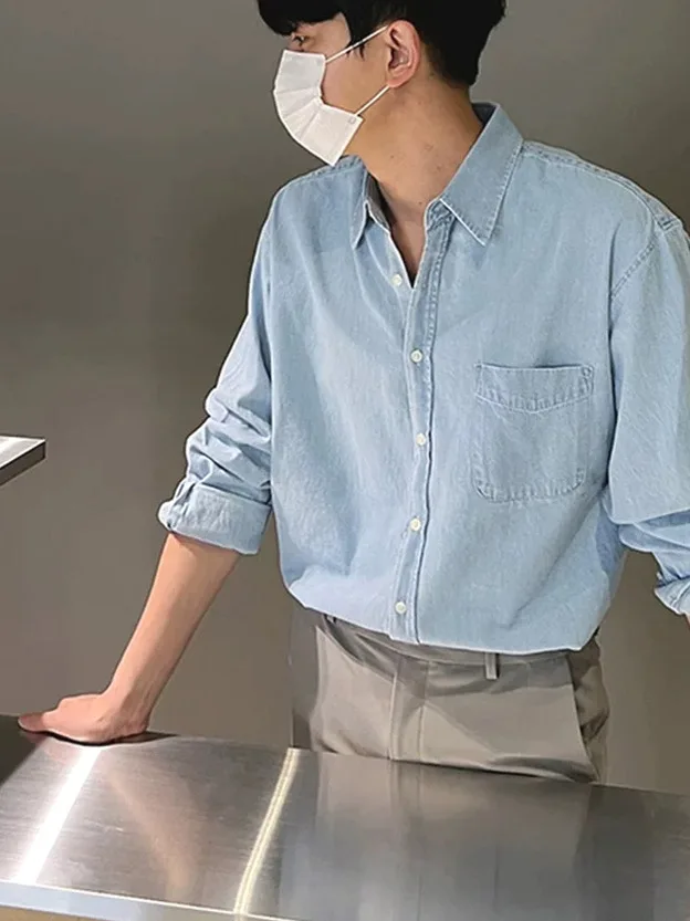 

Loose Fit Long Sve Blue Denim irt Men's Casual Outdoor Wear Resistant Leisure Workwear Open Cardigan Sle Korean irt