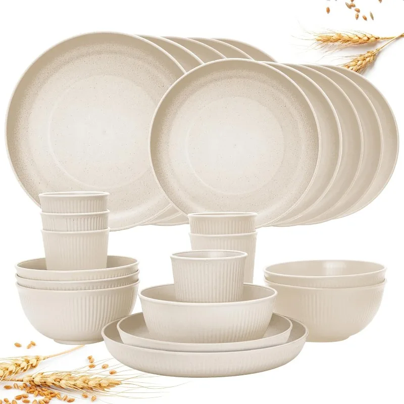 

Wheat Straw Dinnerware Sets for 6, 24PCS Unbreakable Reusable Plastic Plates Bowls Cups Set, Dishwasher Microwave Safe Dishes