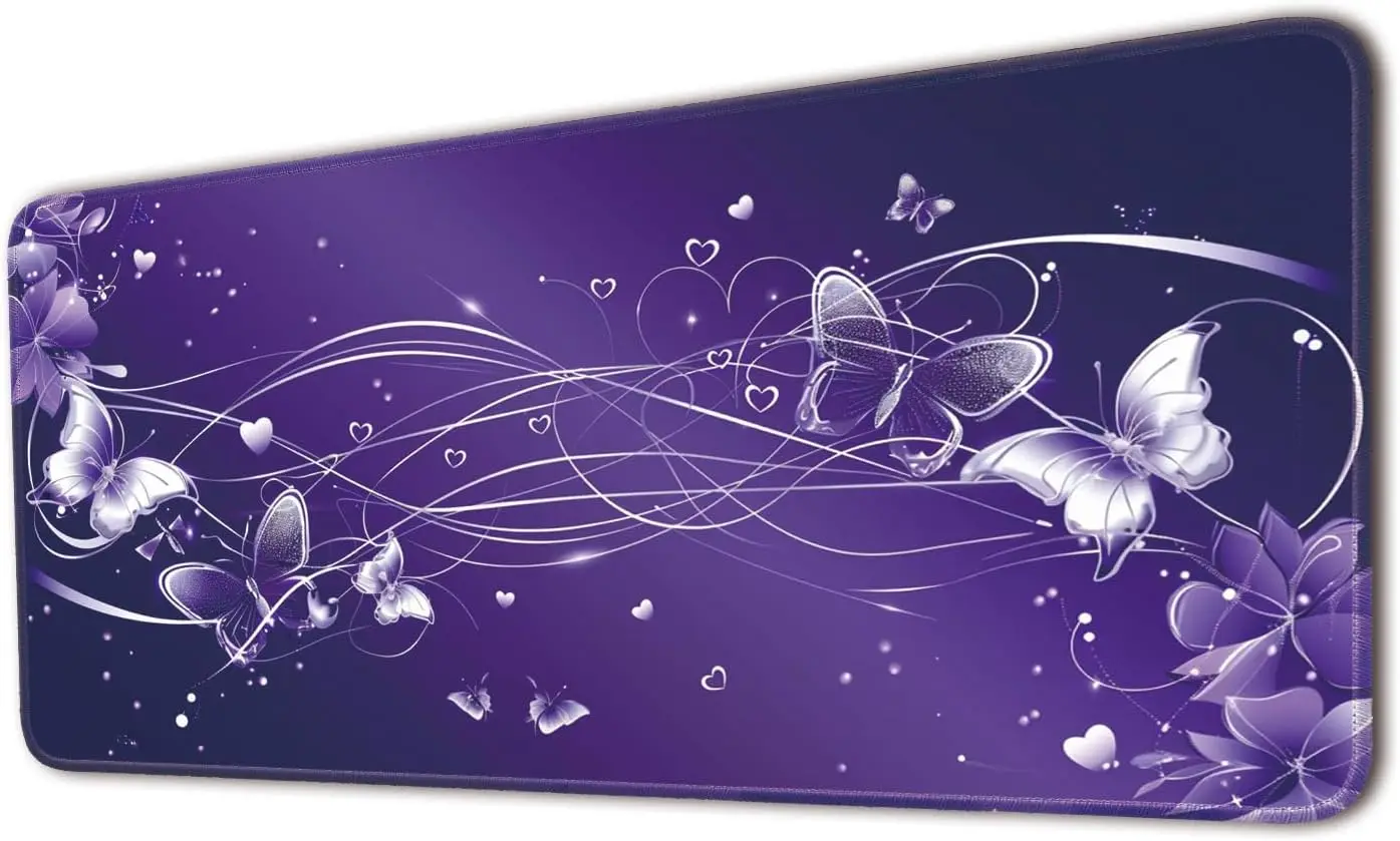 Shiny Silver Butterfly Large Desk Mouse Pad, Purple Background Heart Floral Glow Curve Art Print, Non‑Slip Mat For Gaming Office