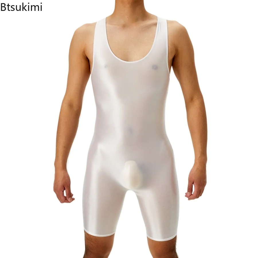 

New Men's Fashion Bodysuits Sexy Oil Shiny Sleeveless Onesies High Elastic Tight Underwear Men Transparent Bodybuilding Playsuit
