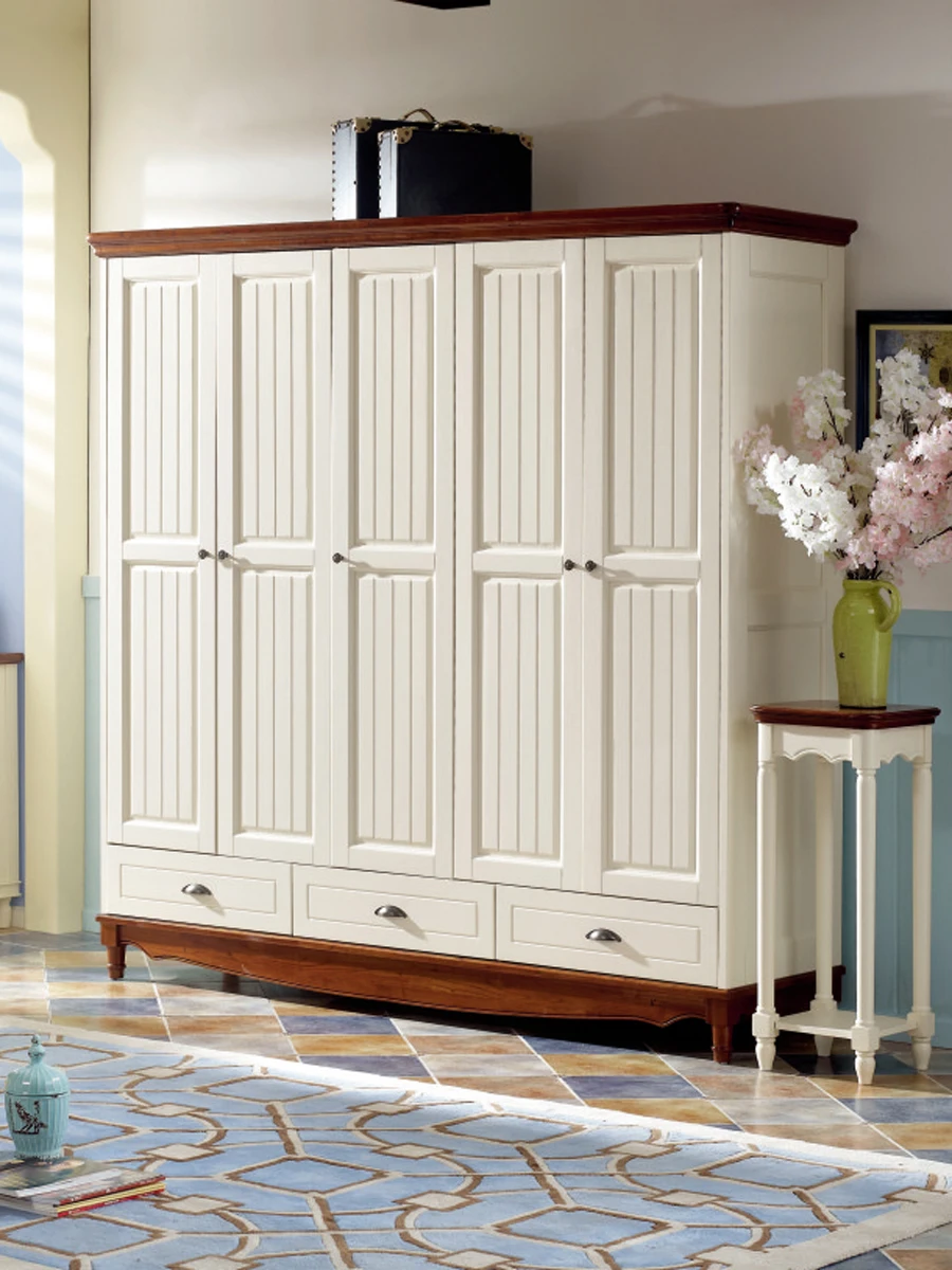 All solid wood wardrobe five doors swing door large wardrobe pure log Mediterranean style American bedroom furniture