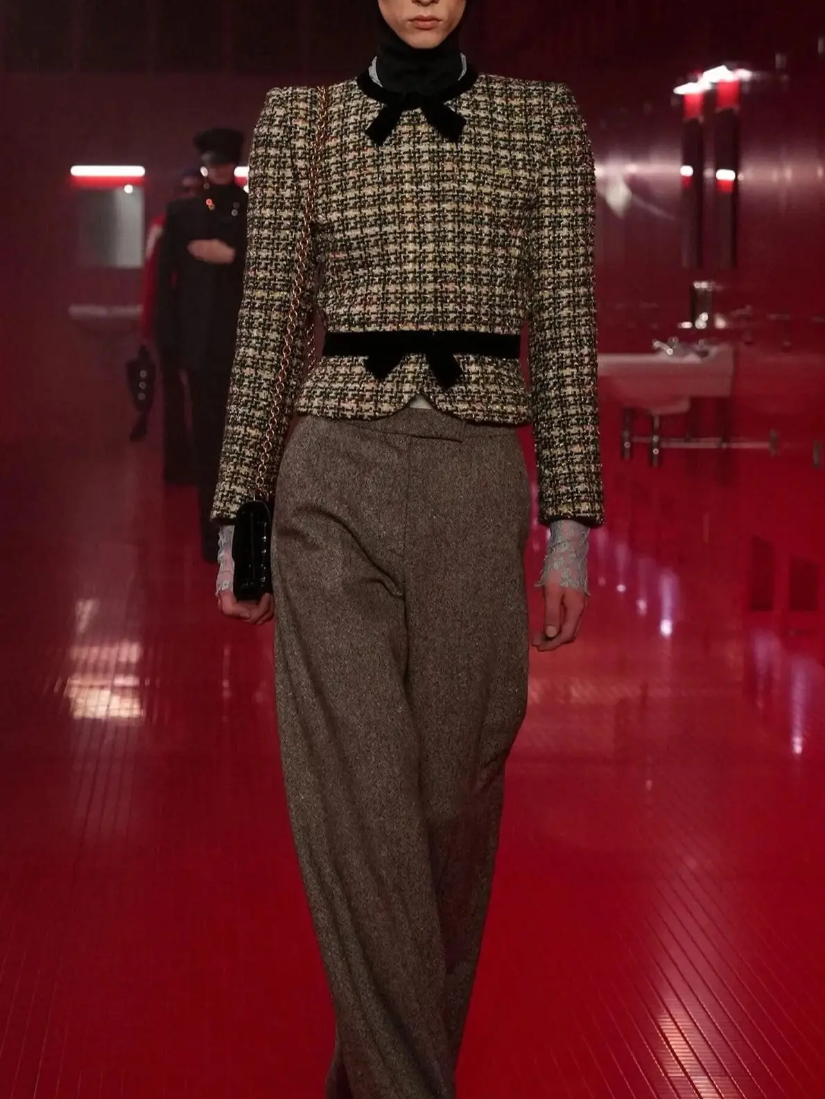 

New Arrival Runway Clothes Long Sleeve Wool Blended Tweed Coat Elegant Ladies Velvet Bow Retro Short Jacket
