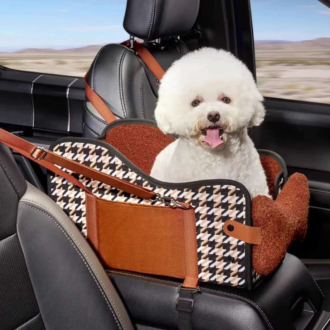 

Luxury Houndstooth Pattern Heavy Duty Pet Car Seat Bed Central Control Oversized Booster Kennel Armrests Breathable Portable
