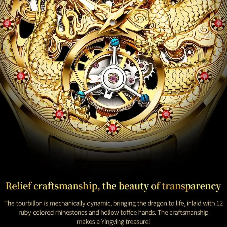 OUPINKE Genuine Tourbillon Dragon Watch for Men Original Luxury Brand Automatic Mechanical Man Wristwatch Tungsten Steel Strap