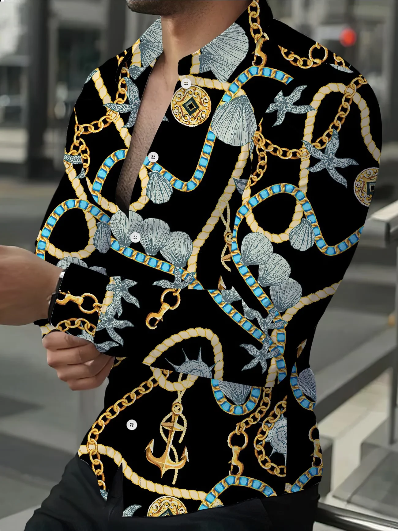 

New Light Luxury Style Shell Sea Star Printed Shirt Men's Flip Collar Single breasted Personalized Top