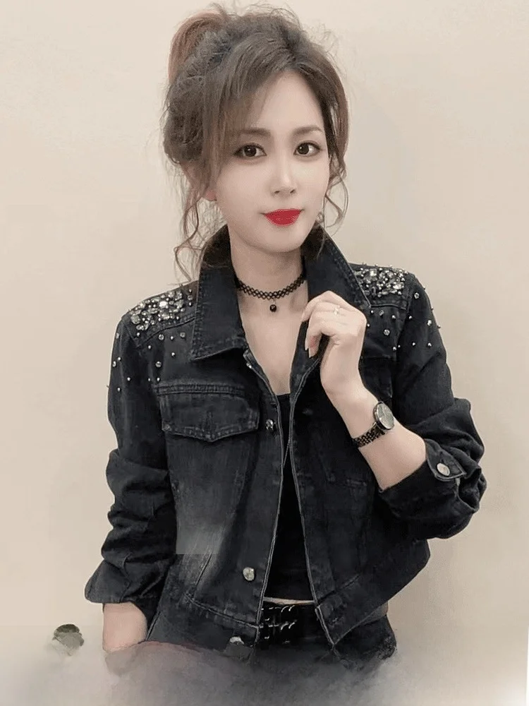 

Retro Hong Kong Style Women's Denim Jacket Short Sleeveless Stand Collar Embroidered Floral Pattern Casual Streetwear
