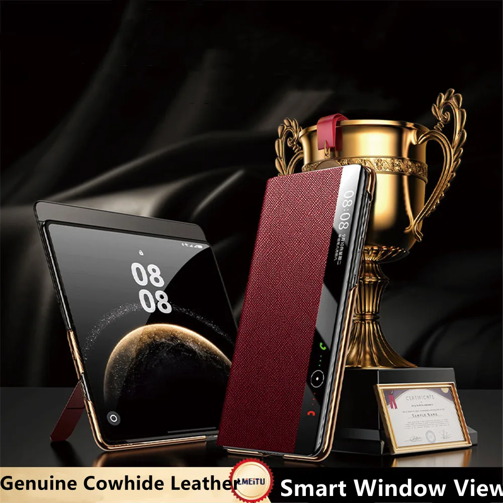 

Genuine Cowhide Leather Flip Case for Huawei Mate X6 Window View Bracket Cover