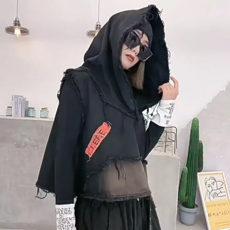 Y2k Hooded Patchwork Denim Vest Sleeveless Patchwork Top Jacket Frayed Edges Fringe Streetwear Hooded Waistcoat Women Tops Trend